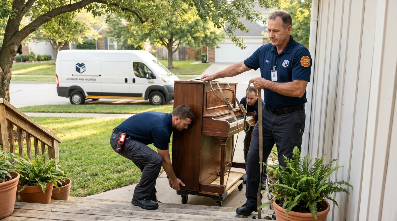 Licensed piano movers securing grand piano in Chagrin Falls, OH