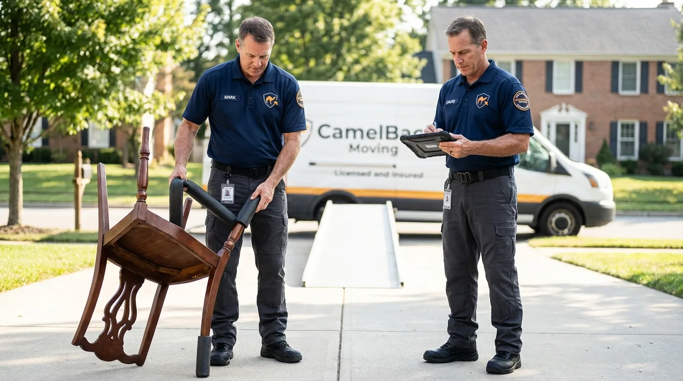 Movers inspecting furniture for damage prevention before loading in Chagrin Falls, OH