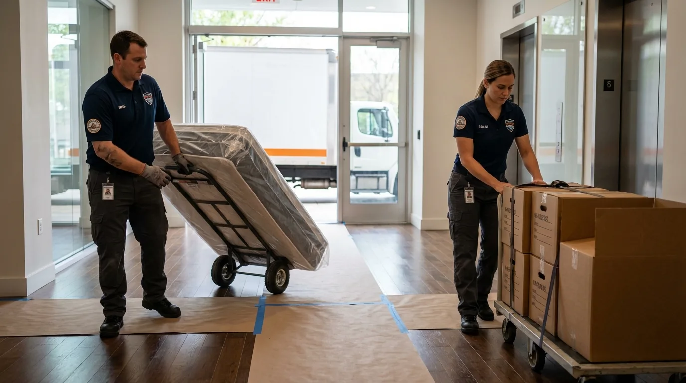 Professional apartment movers loading elevator in Chagrin Falls, OH
